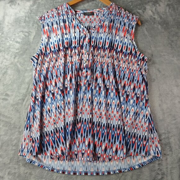 Cocomo Womens Y2K‎ Retro Ikat Print Sleeveless Blouse Career Classic Red Blue - Picture 1 of 9